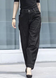 Edle schwarze Taschen mit hoher Taille Patchwork-Baumwoll-Denim-Hosen Sommer