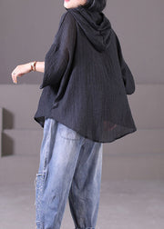 Classy Black Hooded Drawstring Wrinkled Cotton Sweatshirt Streetwear Long Sleeve