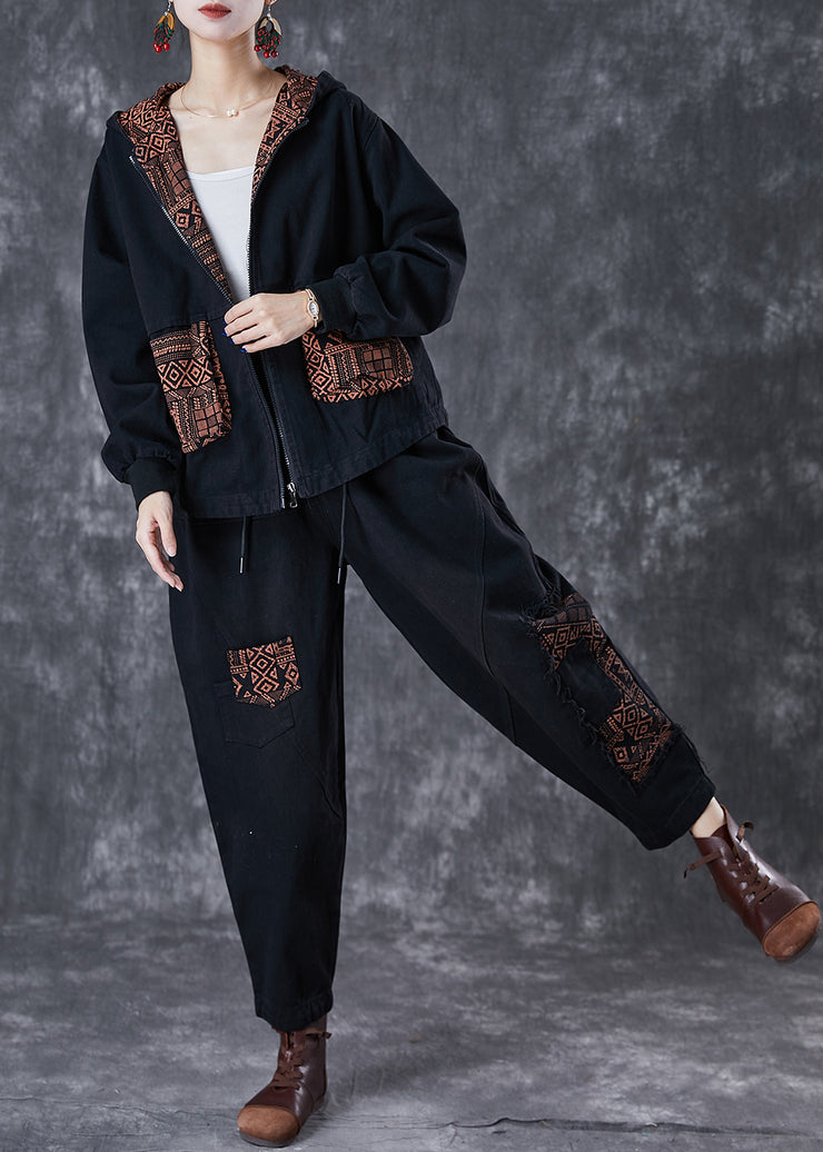 Classy Black Hooded Patchwork Pockets Denim Two Pieces Set Fall