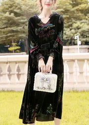 Classy Black Hooded Print Silk Velour Party Dress Spring