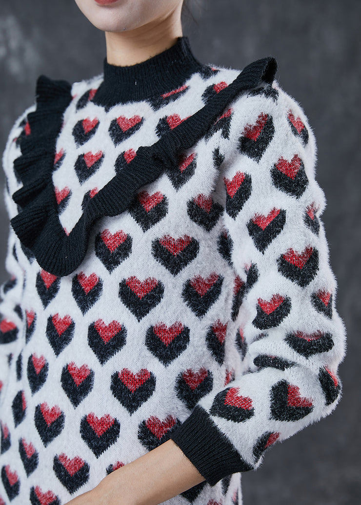 Classy Black Love Print Ruffled Patchwork Knit Sweater Winter