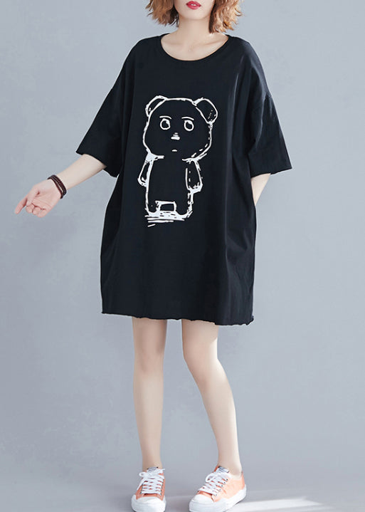 Classy Black O-Neck Bear Print Cotton Mid Dresses Summer