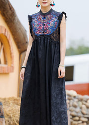 Classy Black O-Neck Embroidered Floral Wrinkled Button Dress Sleeveless