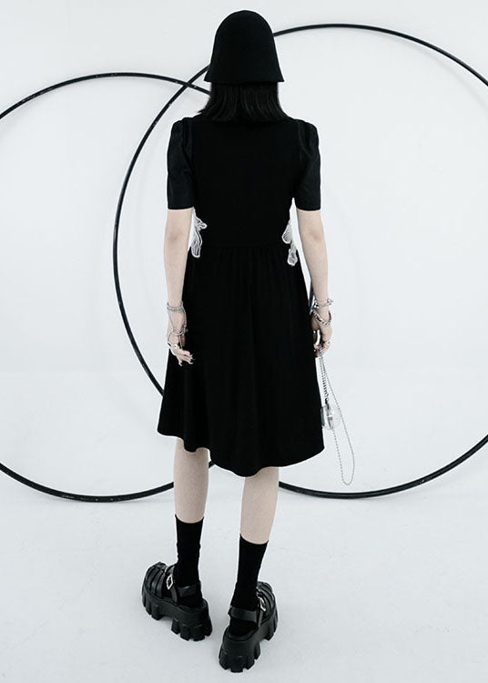 Klassisches schwarzes O-Ausschnitt-Stickerei-Patchwork-Baumwoll-langes Kleid mit kurzen Ärmeln