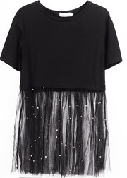 Classy Black O-Neck Nail Bead Patchwork Summer Tulle Tee Short Sleeve