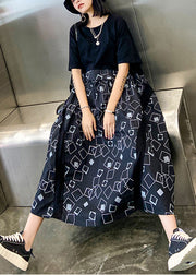 Klassisches, schwarzes, übergroßes Patchwork-Kleid mit O-Ausschnitt und kurzen Ärmeln