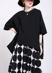 Classy Black O-Neck Oversized Side Open Cotton Blouses Batwing Sleeve