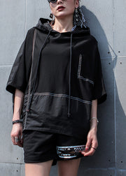 Eleganter schwarzer O-Neck-Patchwork-Mantel mit Kordelzug und Kapuze, halbe Ärmel