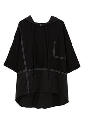 Classy Black O-Neck Patchwork Drawstring Hooded Coats Half Sleeve