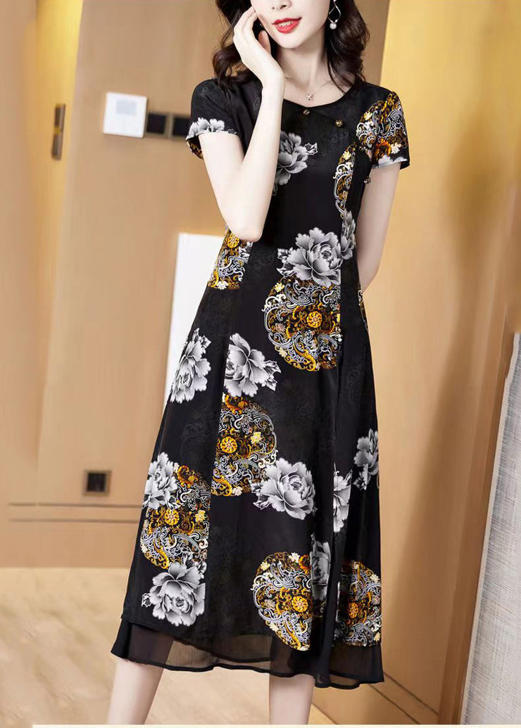 Classy Black O-Neck Print Layered Design Silk Holiday Dress Short Sleeve