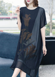 Classy Black O Neck Print Patchwork Chiffon Dress Summer