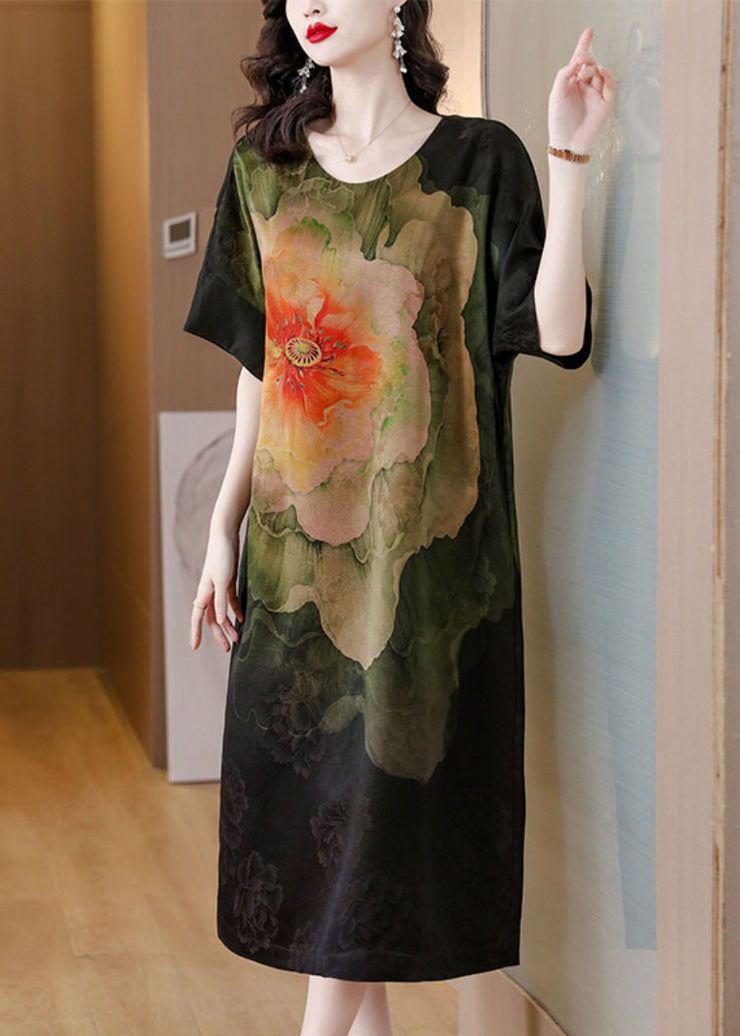 Classy Black O Neck Print Patchwork Silk Dress Summer