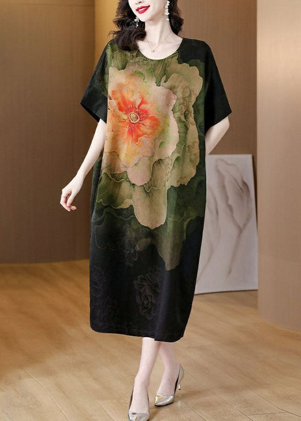 Classy Black O Neck Print Patchwork Silk Dress Summer