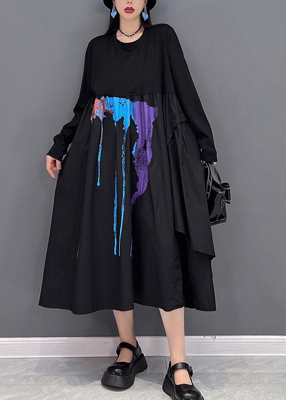 Classy Black O-Neck Wrinkled Print Asymmetrical Patchwork Long Dresses Long sleeve