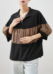 Classy Black Oversized Patchwork Leopard Cotton Sweatshirt Streetwear Spring