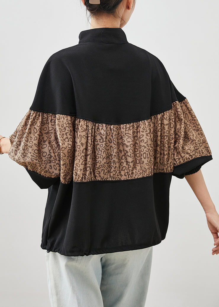Classy Black Oversized Patchwork Leopard Cotton Sweatshirt Streetwear Spring