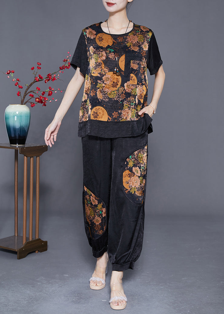 Classy Black Oversized Patchwork Print Silk Women Sets 2 Pieces Summer
