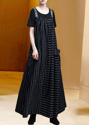 Classy Black Oversized Patchwork Striped Pockets Linen Strap Dress Spring