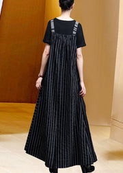 Classy Black Oversized Patchwork Striped Pockets Linen Strap Dress Spring