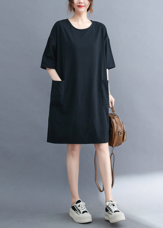 Classy Black Oversized Pockets Cotton Mid Dress Summer