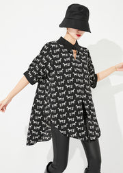 Classy Black Oversized Print Low High Design Chiffon Long Shirt Half Sleeve