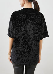 Classy Black Oversized Print Silk Velour Sweatshirt Short Sleeve