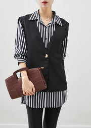 Classy Black Oversized Striped Cotton Vest And Shirt Two Piece Set Fall