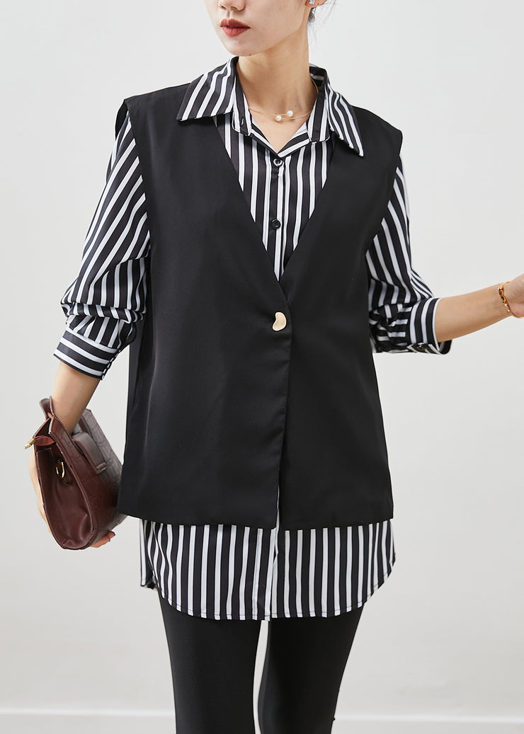 Classy Black Oversized Striped Cotton Vest And Shirt Two Piece Set Fall