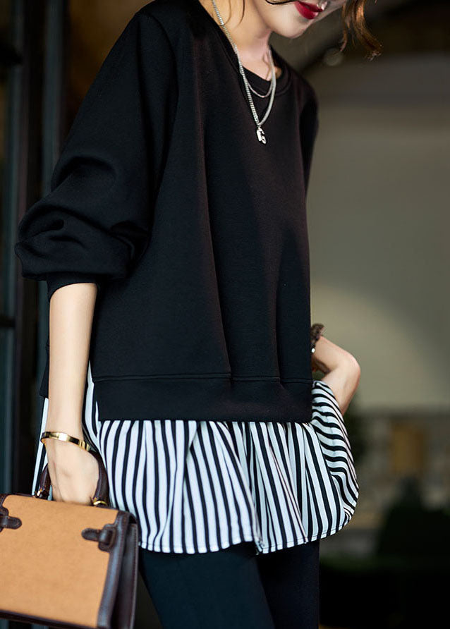 Classy Black Oversized Striped Patchwork Cotton Sweatshirt Streetwear Fall
