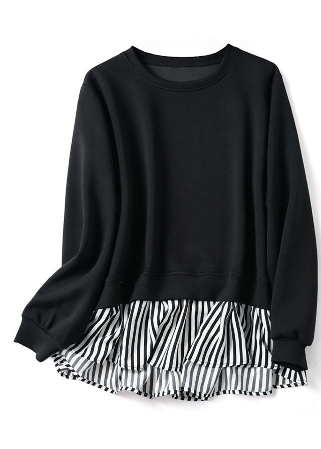 Classy Black Oversized Striped Patchwork Cotton Sweatshirt Streetwear Fall