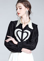 Classy Black Peter Pan Collar Heart Patchwork Silk Top Spring