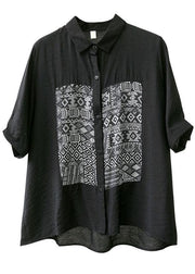 Classy Black PeterPan Collar Button Patchwork Fall Half Sleeve Shirt Top - SooLinen