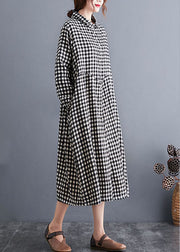 Classy Black PeterPan Collar Plaid Cotton Long Dress Spring