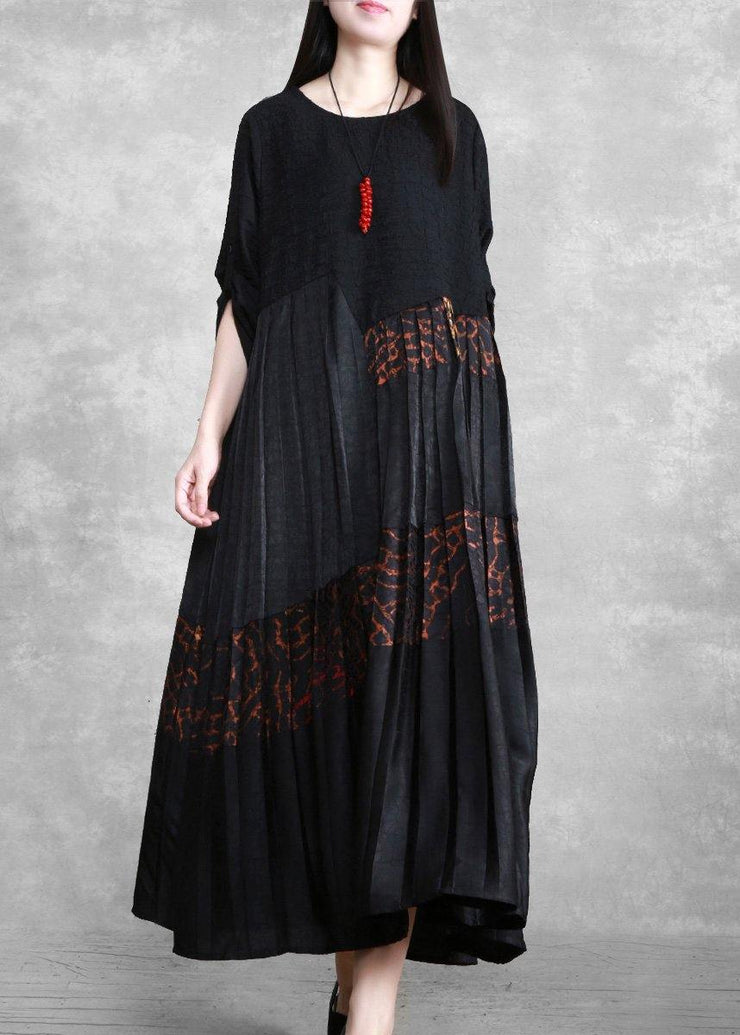 Luxy Silk Maxi Dresses Black Pleated Low High Patchwork Dress - SooLinen
