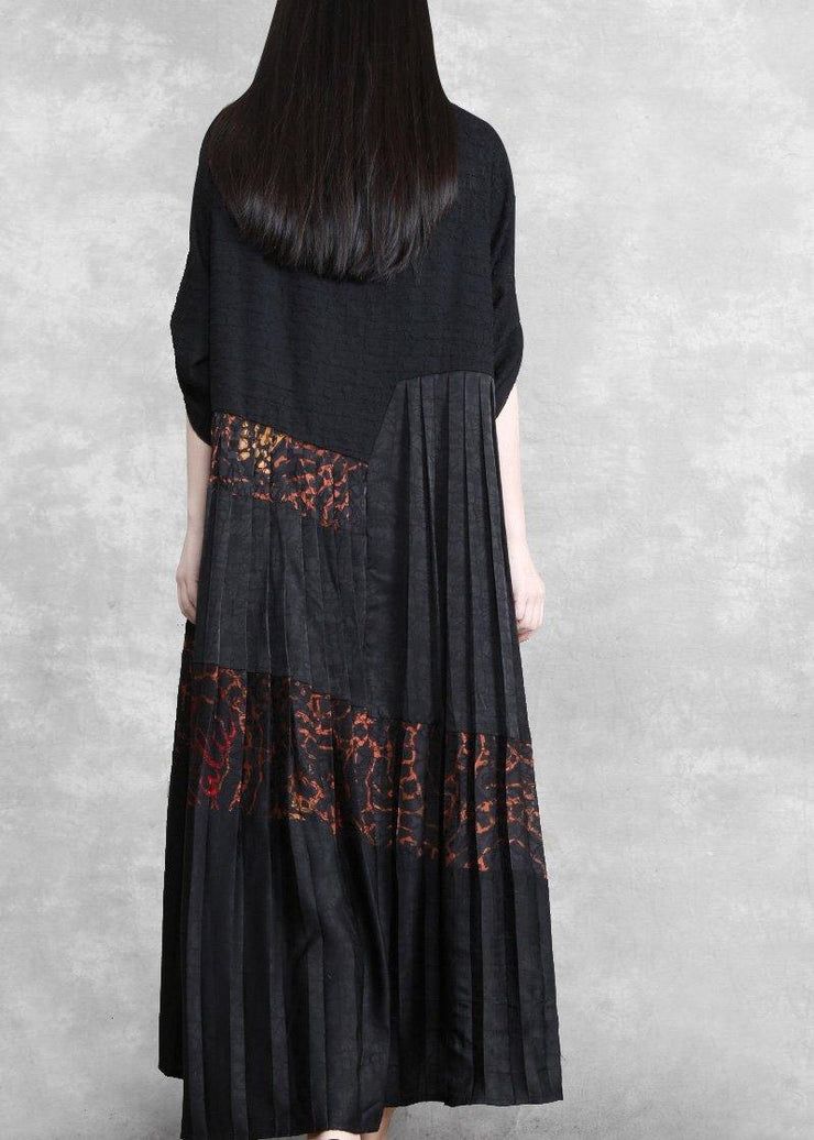 Luxy Silk Maxi Dresses Black Pleated Low High Patchwork Dress - SooLinen