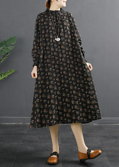 Classy Black Print Stand Collar Robes Dresses - SooLinen