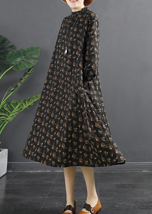 Classy Black Print Stand Collar Robes Dresses - SooLinen