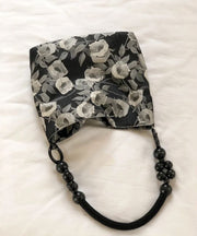 Classy Black Rose Jacquard Nylon Satchel Handbag