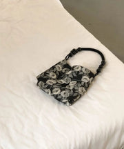 Classy Black Rose Jacquard Nylon Satchel Handbag