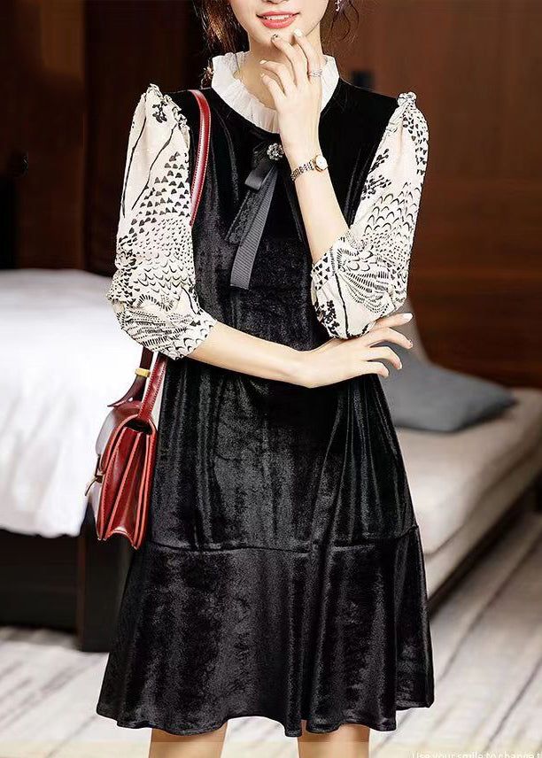Classy Black Ruffled Print Patchwork Silk Velour Mid Dress Fall