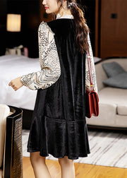 Classy Black Ruffled Print Patchwork Silk Velour Mid Dress Fall