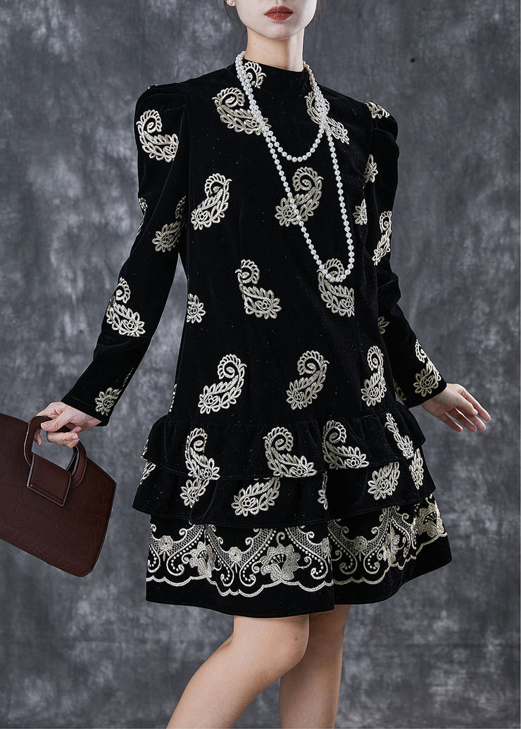 Classy Black Ruffled Print Silk Velour Mini Dress Puff Sleeve