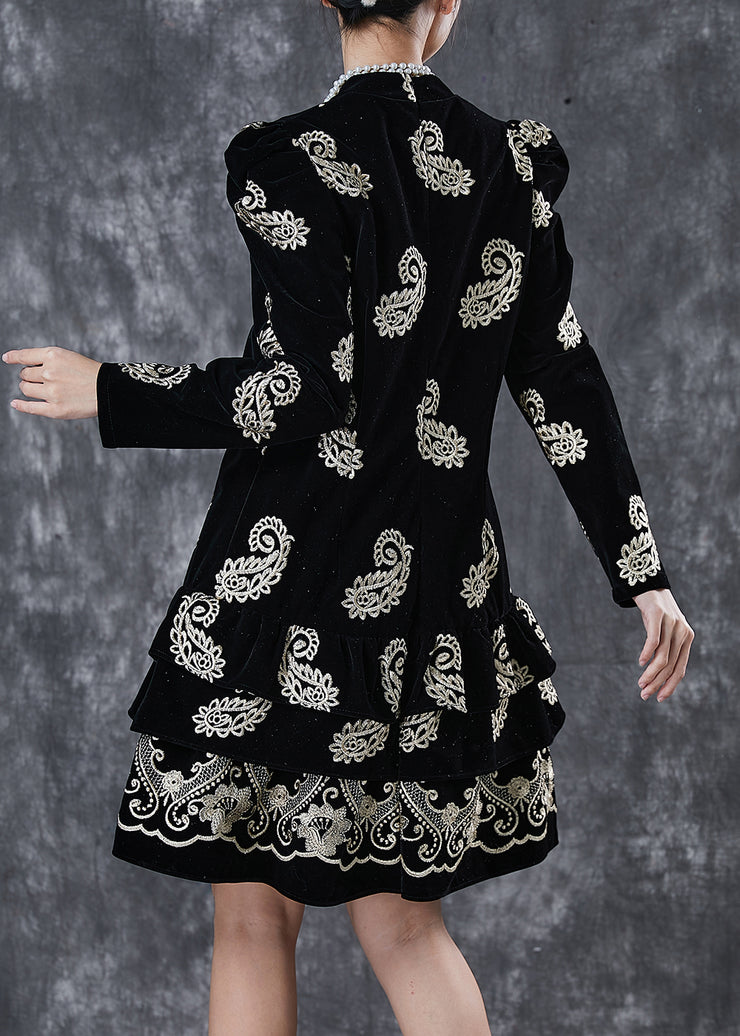 Classy Black Ruffled Print Silk Velour Mini Dress Puff Sleeve
