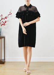 Classy Black Ruffles Patchwork Tulle Hollow Out Silk Velour Dress Fall