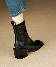 Classy Black Sheepskin Chunky Heel Boots Embossed Zippered
