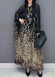 Classy Black Stand Collar Embroidered Button Tulle Maxi Dress Long Sleeve