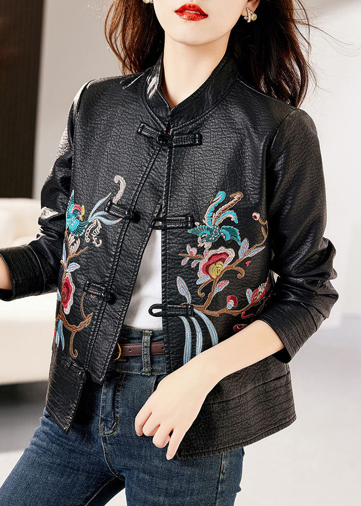 Classy Black Stand Collar Embroidered Floral Faux Leather Coats Long Sleeve