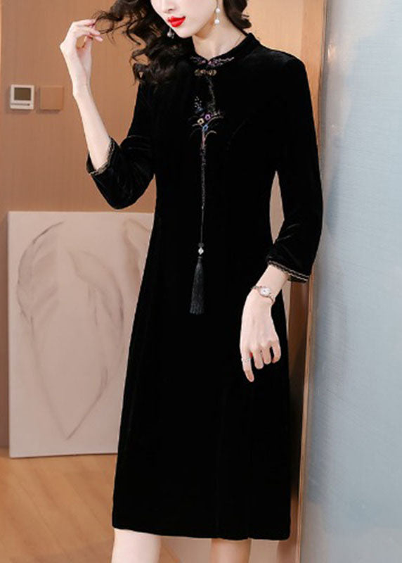 Classy Black Stand Collar Embroidered Floral Silk Velour Maxi Dress Fall