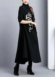 Classy Black Stand Collar Embroidered Patchwork Cotton Long Waistcoat Sleeveless