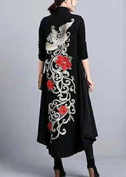 Classy Black Stand Collar Embroidered Patchwork Cotton Long Waistcoat Sleeveless